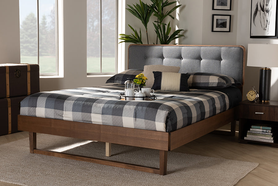 Baxton Studio Natalia Mid-Century Modern Dark Grey Fabric Upholstered and Ash Walnut Finished Wood Full Size Platform Bed