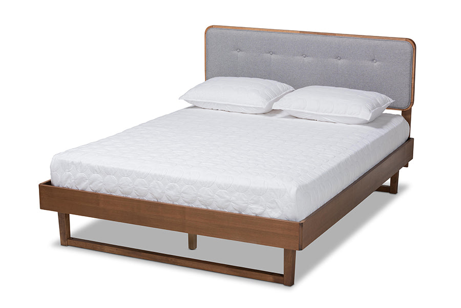 Baxton Studio Natalia Mid-Century Modern Light Grey Fabric Upholstered and Ash Walnut Finished Wood Full Size Platform Bed