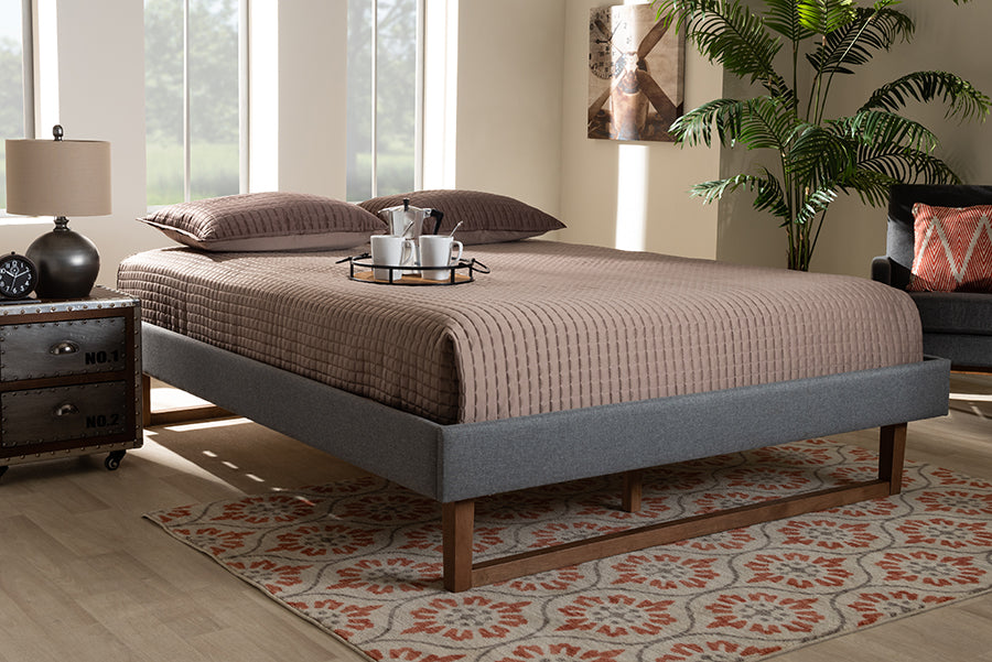 Baxton Studio Liliya Mid-Century Modern Dark Grey Fabric Upholstered Walnut Brown Finished Wood Full Size Platform Bed Frame