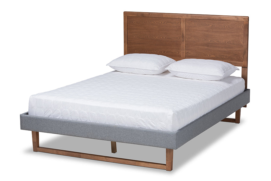 Baxton Studio Allegra Mid-Century Modern Dark Grey Fabric Upholstered and Ash Walnut Brown Finished Wood Queen Size Platform Bed