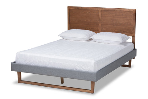 Baxton Studio Allegra Mid-Century Modern Dark Grey Fabric Upholstered and Ash Walnut Brown Finished Wood Queen Size Platform Bed