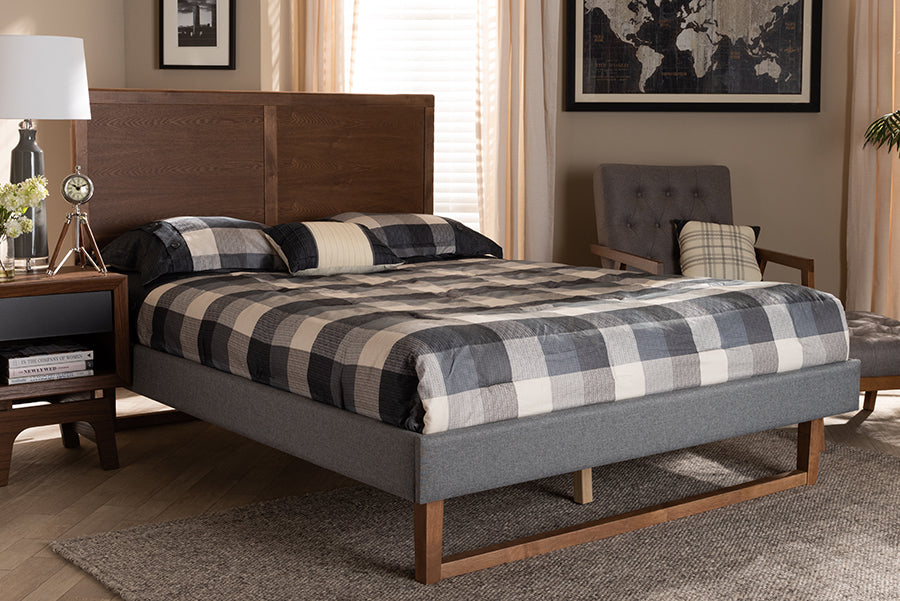 Baxton Studio Allegra Mid-Century Modern Dark Grey Fabric Upholstered and Ash Walnut Brown Finished Wood Queen Size Platform Bed