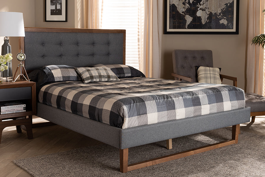 Baxton Studio Emele Modern Transitional Dark Grey Fabric Upholstered and Ash Walnut Brown Finished Wood Queen Size Platform Bed