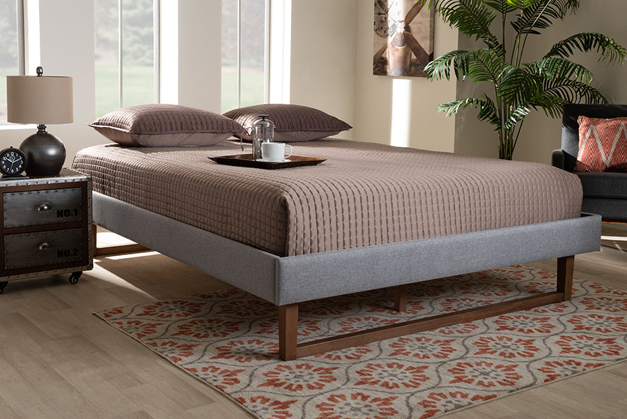 Baxton Studio Liliya Mid-Century Modern Light Grey Fabric Upholstered Walnut Brown Finished Wood Full Size Platform Bed Frame