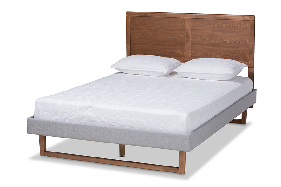 Baxton Studio Eloise Rustic Modern Light Grey Fabric Upholstered and Ash Walnut Brown Finished Wood King Size Platform Bed