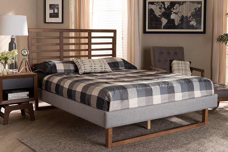 Baxton Studio Luciana Modern and Contemporary Light Grey Fabric Upholstered and Ash Walnut Brown Finished Wood Full Size Platform Bed