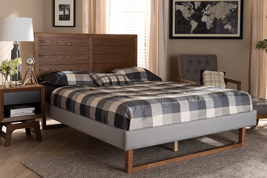 Baxton Studio Claudia Rustic Modern Light Grey Fabric Upholstered and Walnut Brown Finished Wood Full Size Platform Bed