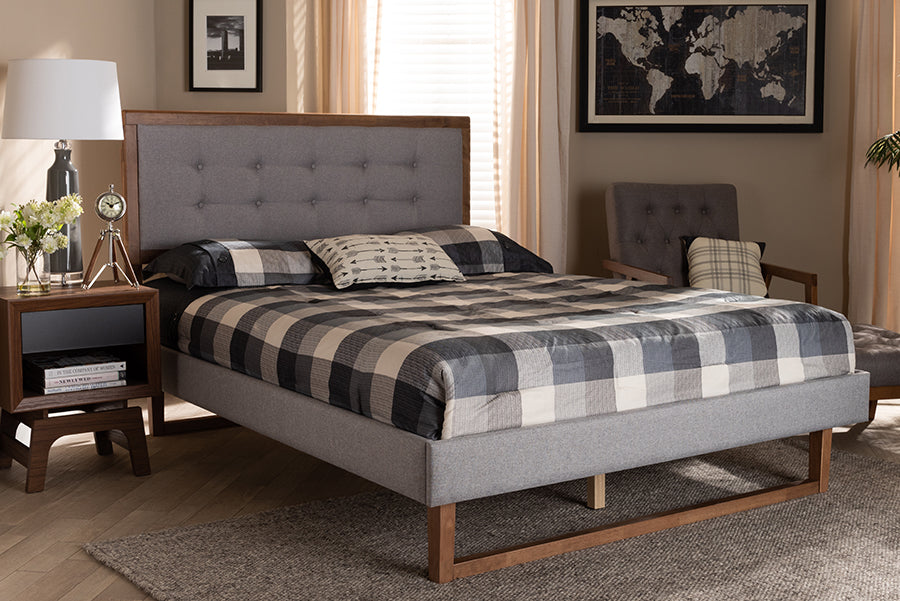 Baxton Studio Livinia Modern Transitional Light Grey Fabric Upholstered and Ash Walnut Brown Finished Wood Full Size Platform Bed