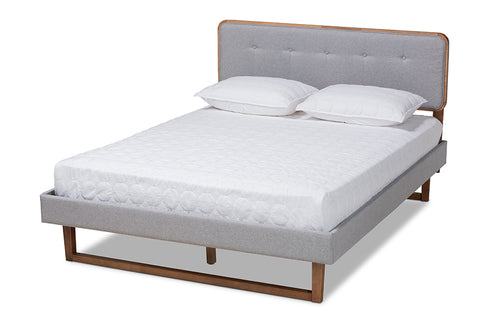 Baxton Studio Sofia Mid-Century Modern Light Grey Fabric Upholstered and Ash Walnut Finished Wood King Size Platform Bed