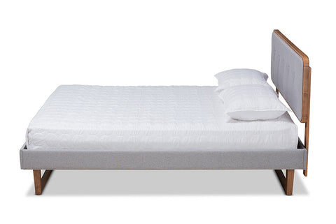 Baxton Studio Sofia Mid-Century Modern Light Grey Fabric Upholstered and Ash Walnut Finished Wood King Size Platform Bed
