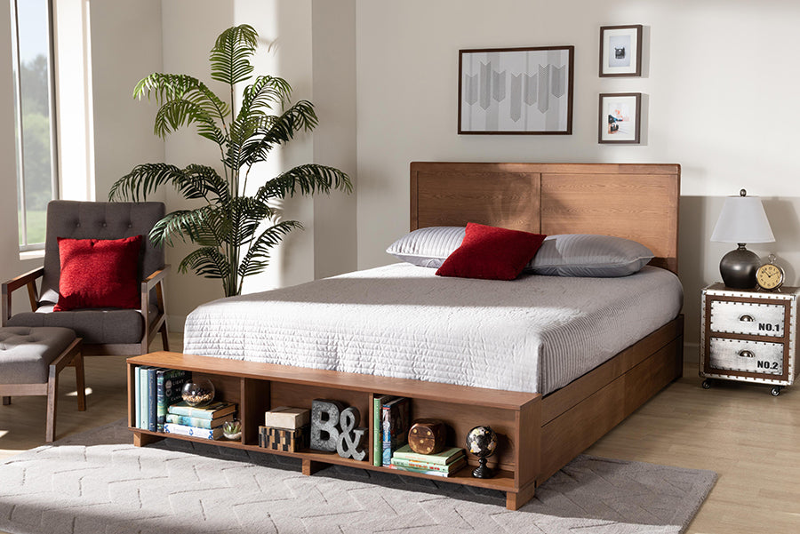 Baxton Studio Tamsin Modern Transitional Ash Walnut Brown Finished Wood Full Size 4-Drawer Platform Storage Bed with Built-In Shelves