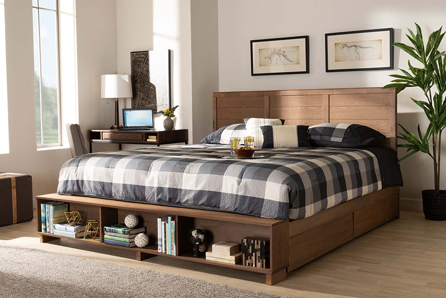 Baxton Studio Alba Modern Transitional Ash Walnut Brown Finished Wood King Size 4-Drawer Platform Storage Bed with Built-In Shelves