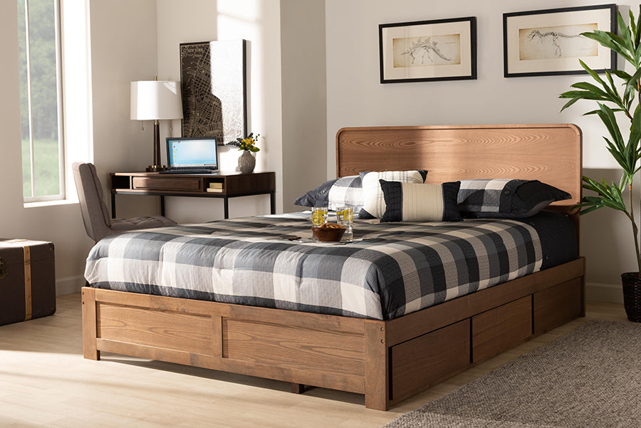 Baxton Studio Eleni Modern and Contemporary Transitional Dark Grey Fabric Upholstered and Ash Walnut Brown Finished Wood Queen Size 3-Drawer Platform Storage Bed