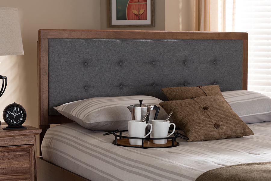 Baxton Studio Sarine Mid-Century Modern Dark Grey Fabric Upholstered Walnut Brown Finished Wood Queen Size Headboard