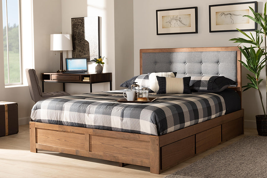 Baxton Studio Lene Modern and Contemporary Transitional Dark Grey Fabric Upholstered and Ash Walnut Brown Finished Wood Queen Size 3-Drawer Platform Storage Bed
