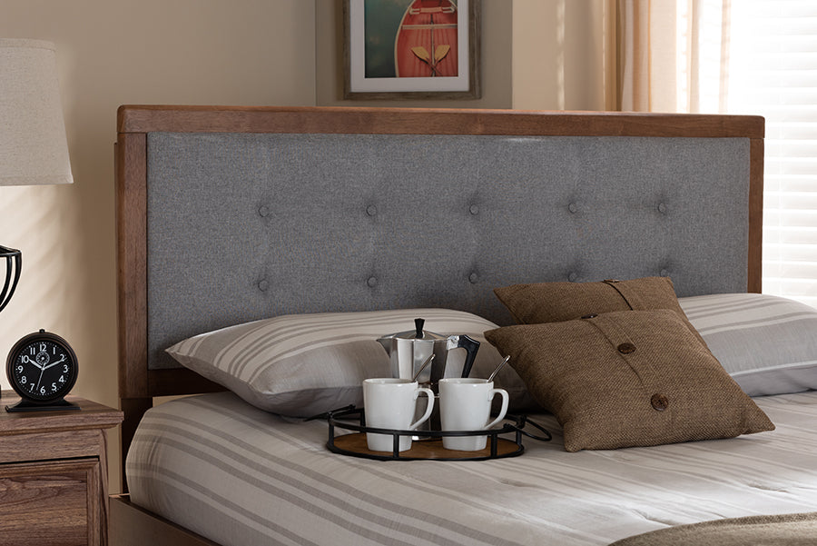 Baxton Studio Sarine Mid-Century Modern Light Grey Fabric Upholstered Walnut Brown Finished Wood King Size Headboard