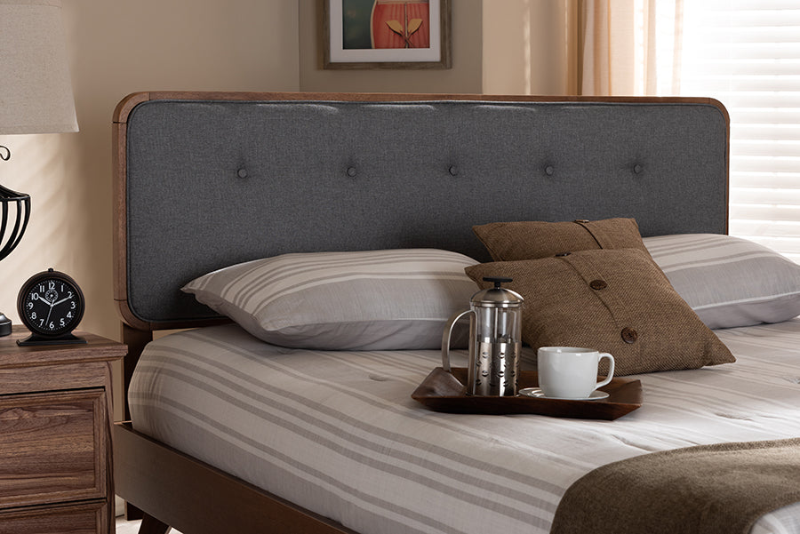 Baxton Studio Palina Mid-Century Modern Dark Grey Fabric Upholstered Walnut Brown Finished Wood Queen Size Headboard