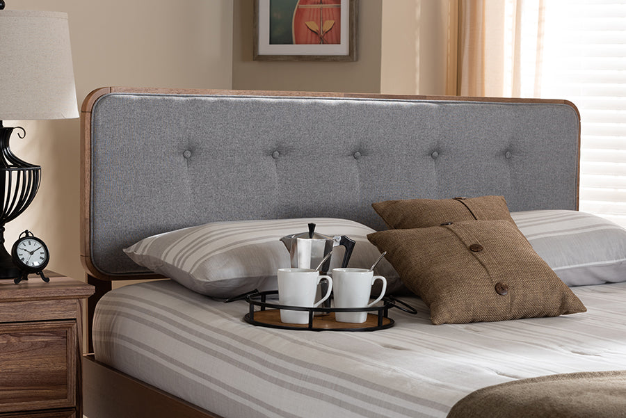 Baxton Studio Palina Mid-Century Modern Light Grey Fabric Upholstered Walnut Brown Finished Wood Queen Size Headboard