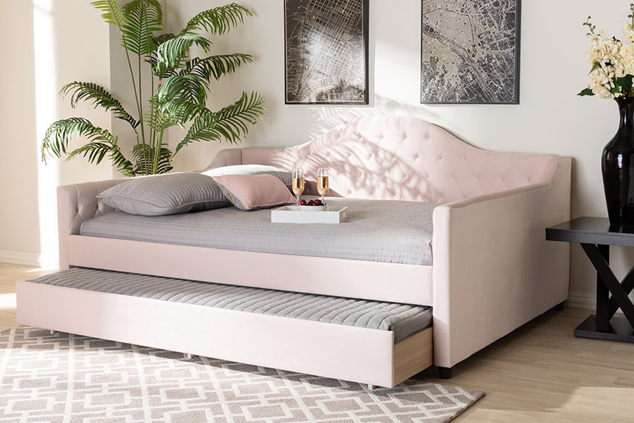 Baxton Studio Perry Modern and Contemporary Light Pink Velvet Fabric Upholstered and Button Tufted Full Size Daybed with Trundle