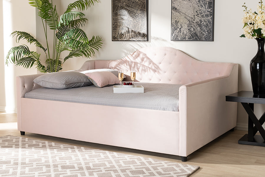 Baxton Studio Perry Modern and Contemporary Light Pink Velvet Fabric Upholstered and Button Tufted Queen Size Daybed