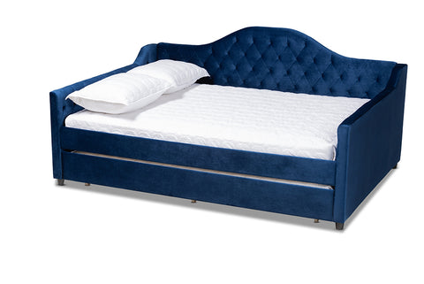 Baxton Studio Perry Modern and Contemporary Royal Blue Velvet Fabric Upholstered and Button Tufted Queen Size Daybed with Trundle