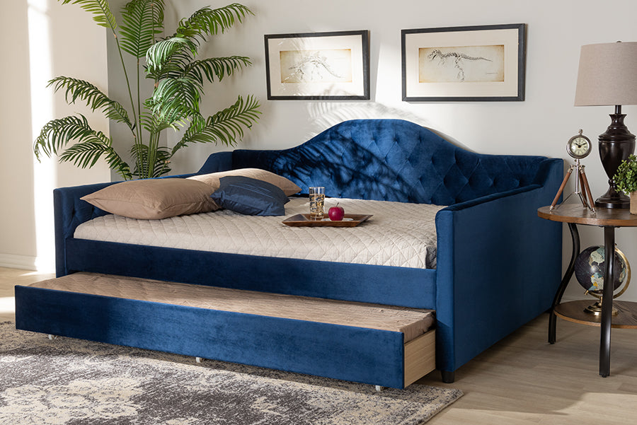 Baxton Studio Perry Modern and Contemporary Royal Blue Velvet Fabric Upholstered and Button Tufted Full Size Daybed with Trundle