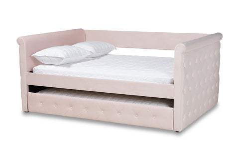 Baxton Studio Amaya Modern and Contemporary Light Pink Velvet Fabric Upholstered Full Size Daybed with Trundle