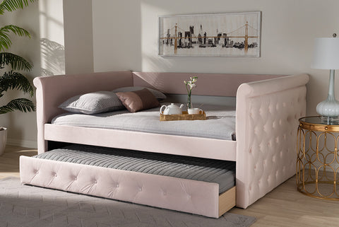 Baxton Studio Amaya Modern and Contemporary Light Pink Velvet Fabric Upholstered Full Size Daybed with Trundle