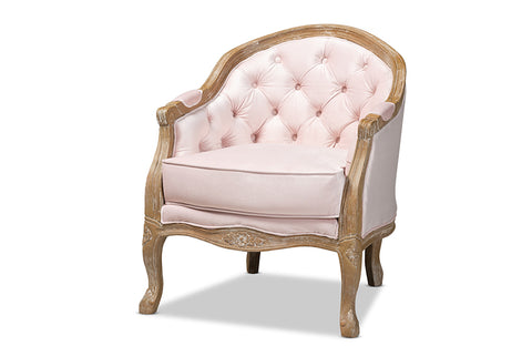 Baxton Studio Genevieve Traditional French Provincial Light Pink Velvet Upholstered White-Washed Oak Wood Armchair