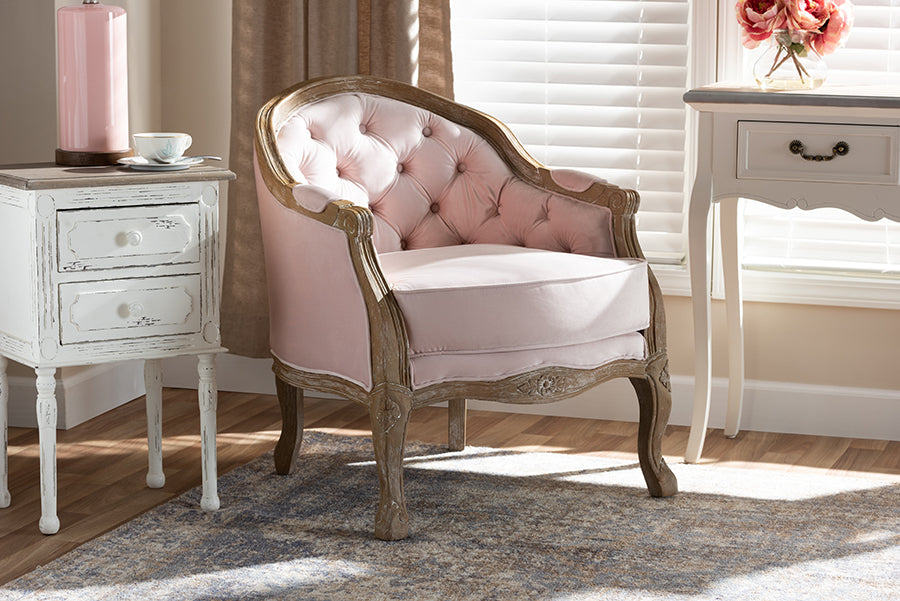 Baxton Studio Genevieve Traditional French Provincial Light Pink Velvet Upholstered White-Washed Oak Wood Armchair