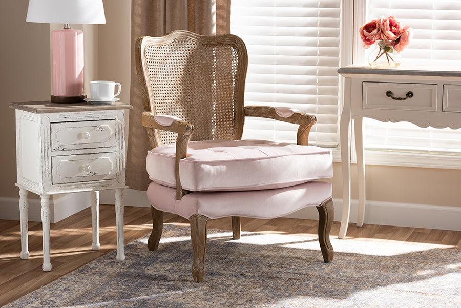 Baxton Studio Vallea Traditional French Provincial Light Pink Velvet Fabric Upholstered White-Washed Oak Wood Armchair