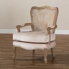 Baxton Studio Vallea Traditional French Provincial Light Beige Velvet Fabric Upholstered White-Washed Oak Wood Armchair