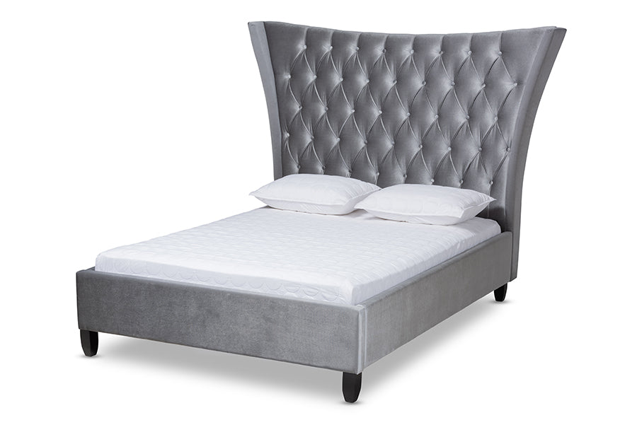 Baxton Studio Viola Glam and Luxe Grey Velvet Fabric Upholstered and Button Tufted King Size Platform Bed with Tall Wingback Headboard