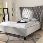 Baxton Studio Viola Glam and Luxe Grey Velvet Fabric Upholstered and Button Tufted Queen Size Platform Bed with Tall Wingback Headboard