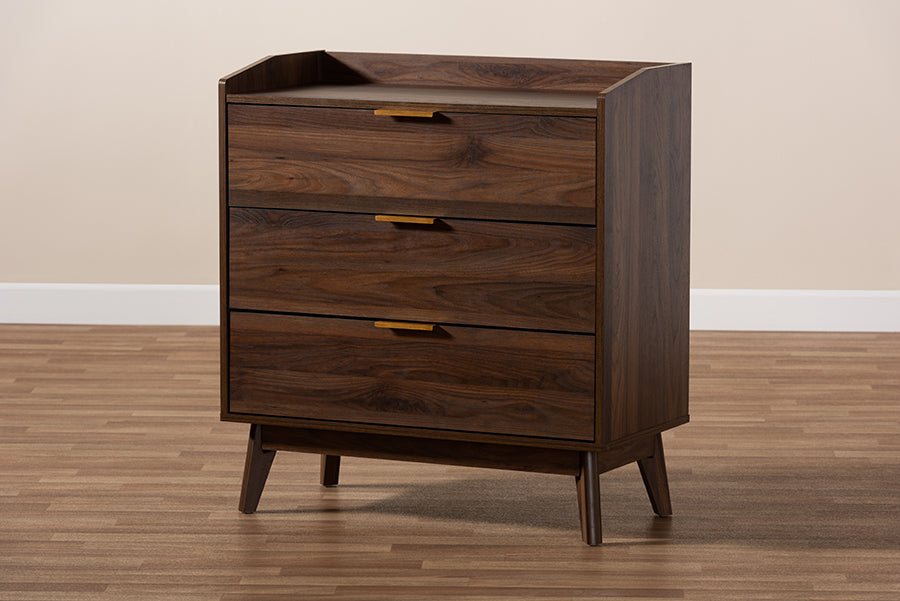 Baxton Studio Lena Mid-Century Modern Walnut Brown Finished 3-Drawer Wood Chest