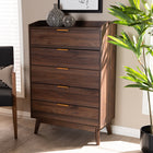 Baxton Studio Lena Mid-Century Modern Walnut Brown Finished 5-Drawer Wood Chest