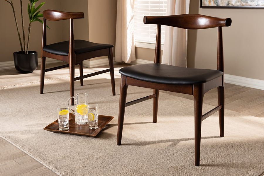 Baxton Studio Eira Mid-Century Modern Black Faux Leather Upholstered Walnut Finished Wood Dining Chair Set of 2