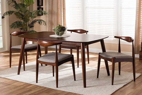 Baxton Studio Amato Mid-Century Modern Light Gray Fabric Upholstered Walnut Finished Wood 5-Piece Dining Set