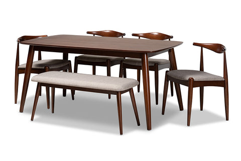 Baxton Studio Amato Mid-Century Modern Light Gray Fabric Upholstered Walnut Finished Wood 6-Piece Dining Set