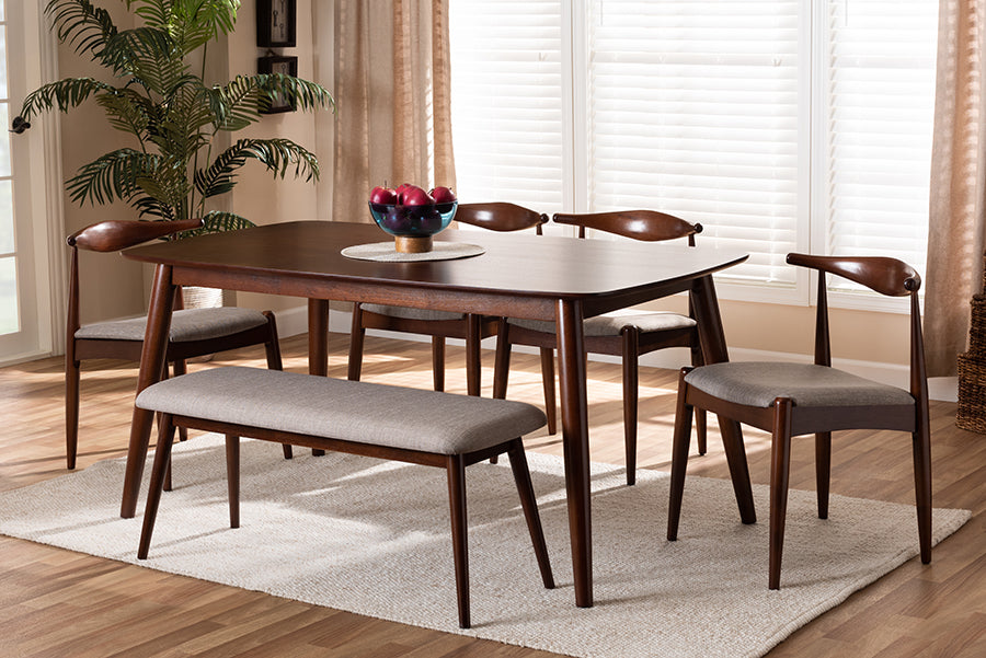 Baxton Studio Amato Mid-Century Modern Light Gray Fabric Upholstered Walnut Finished Wood 6-Piece Dining Set