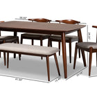Baxton Studio Amato Mid-Century Modern Light Gray Fabric Upholstered Walnut Finished Wood 6-Piece Dining Set