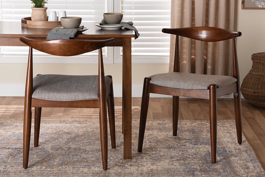 Baxton Studio Amato Mid-Century Modern Light Gray Fabric Upholstered Walnut Finished Wood Dining Chair Set of 2
