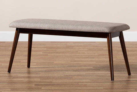 Baxton Studio Flora Mid-Century Modern Light Grey Fabric Upholstered Walnut Finished Wood Dining Bench