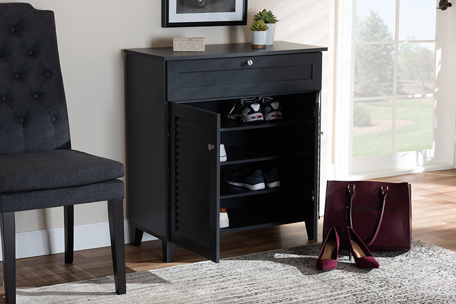 Baxton Studio Coolidge Modern and Contemporary Dark Grey Finished 4-Shelf Wood Shoe Storage Cabinet with Drawer