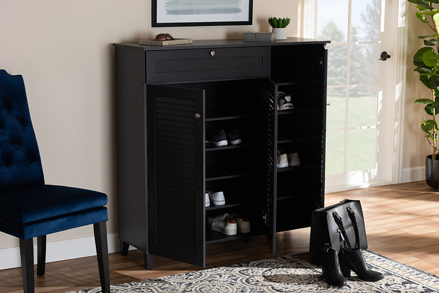 Baxton Studio Coolidge Modern and Contemporary Dark Grey Finished 11-Shelf Wood Shoe Storage Cabinet with Drawer