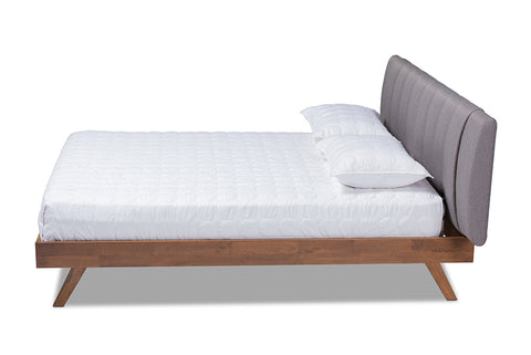 Baxton Studio Brita Mid-Century Modern Grey Fabric Upholstered Walnut Finished Wood King Size Bed