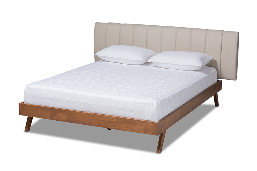 Baxton Studio Brita Mid-Century Modern Light Beige Fabric Upholstered Walnut Finished Wood Queen Size Bed