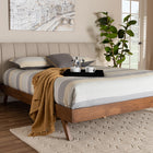 Baxton Studio Brita Mid-Century Modern Light Beige Fabric Upholstered Walnut Finished Wood King Size Bed