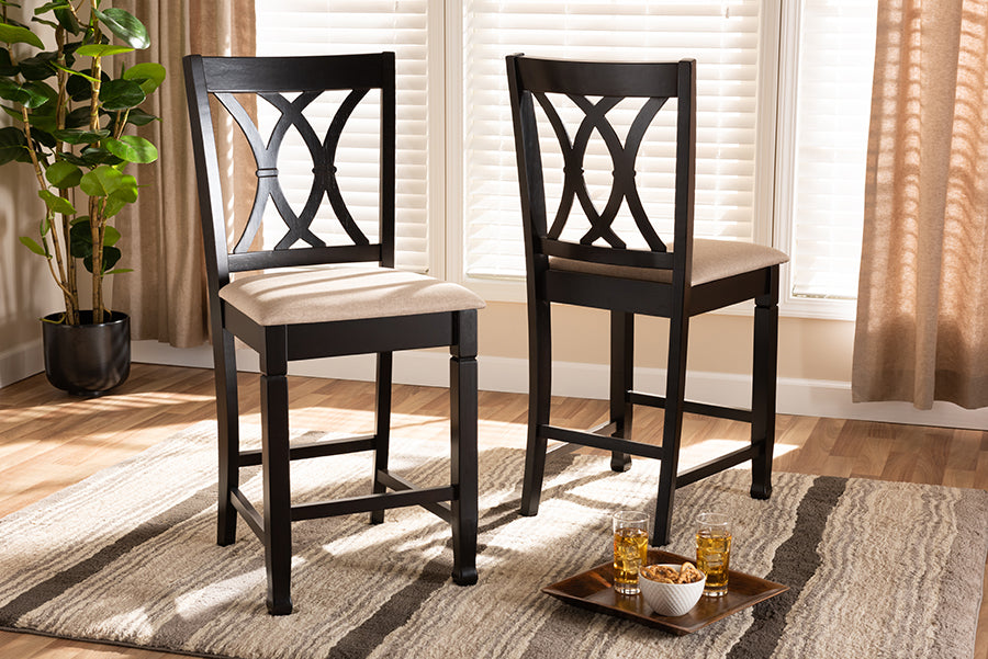 Baxton Studio Reneau Modern and Contemporary Sand Fabric Upholstered Espresso Brown Finished Wood Counter Height Pub Chair Set of 2