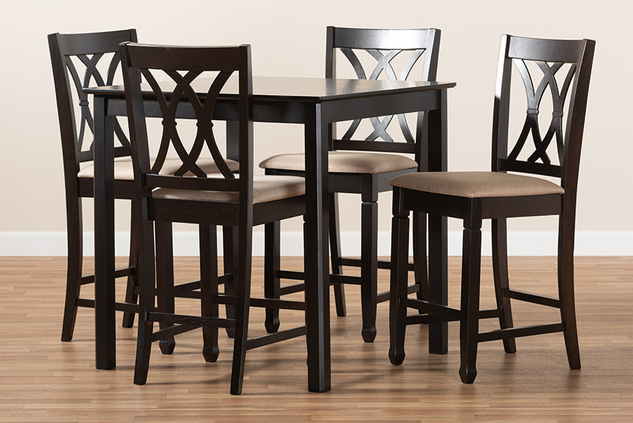 Baxton Studio Reneau Modern and Contemporary Sand Fabric Upholstered Espresso Brown Finished 5-Piece Wood Pub Set